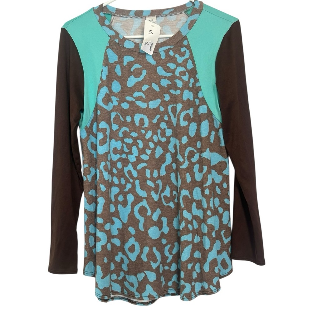 NWT Brown & Turquoise Leopard Colorblock Tunic Top — Size S